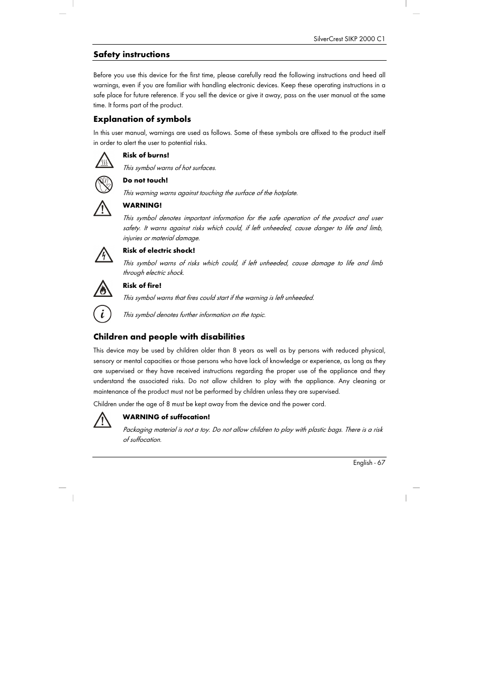 Safety instructions, Explanation of symbols, Children and people with disabilities | Silvercrest SIKP 2000 C1 User Manual | Page 69 / 102
