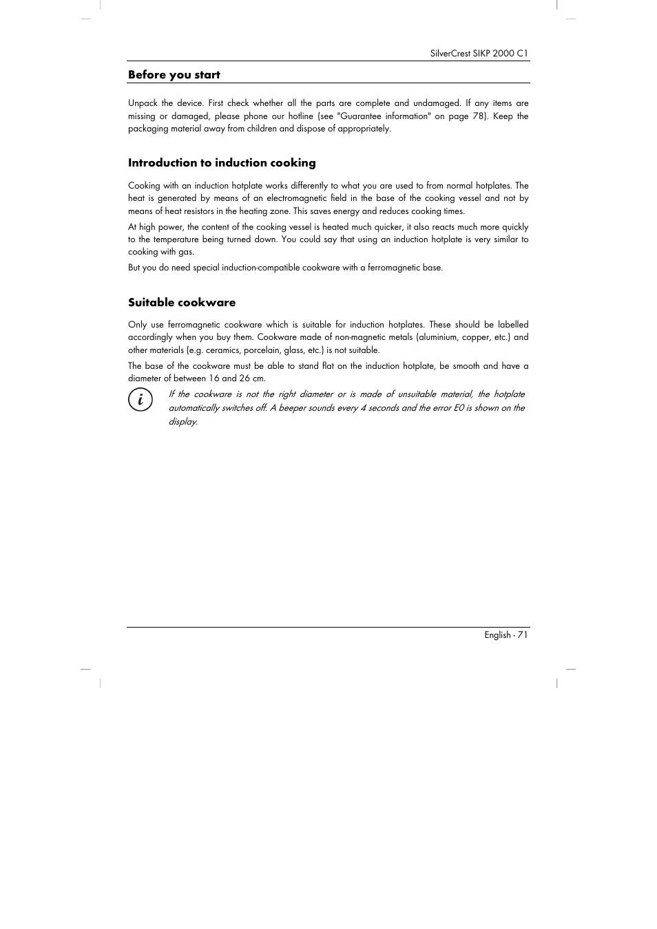 Before you start, Introduction to induction cooking, Suitable cookware | Silvercrest SIKP 2000 C1 User Manual | Page 73 / 102