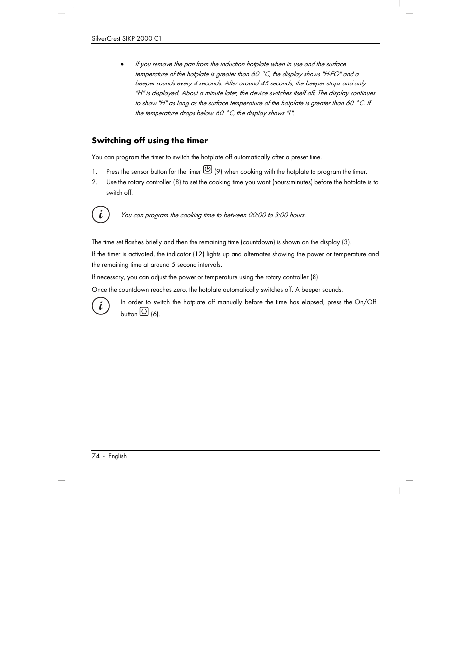 Switching off using the timer | Silvercrest SIKP 2000 C1 User Manual | Page 76 / 102