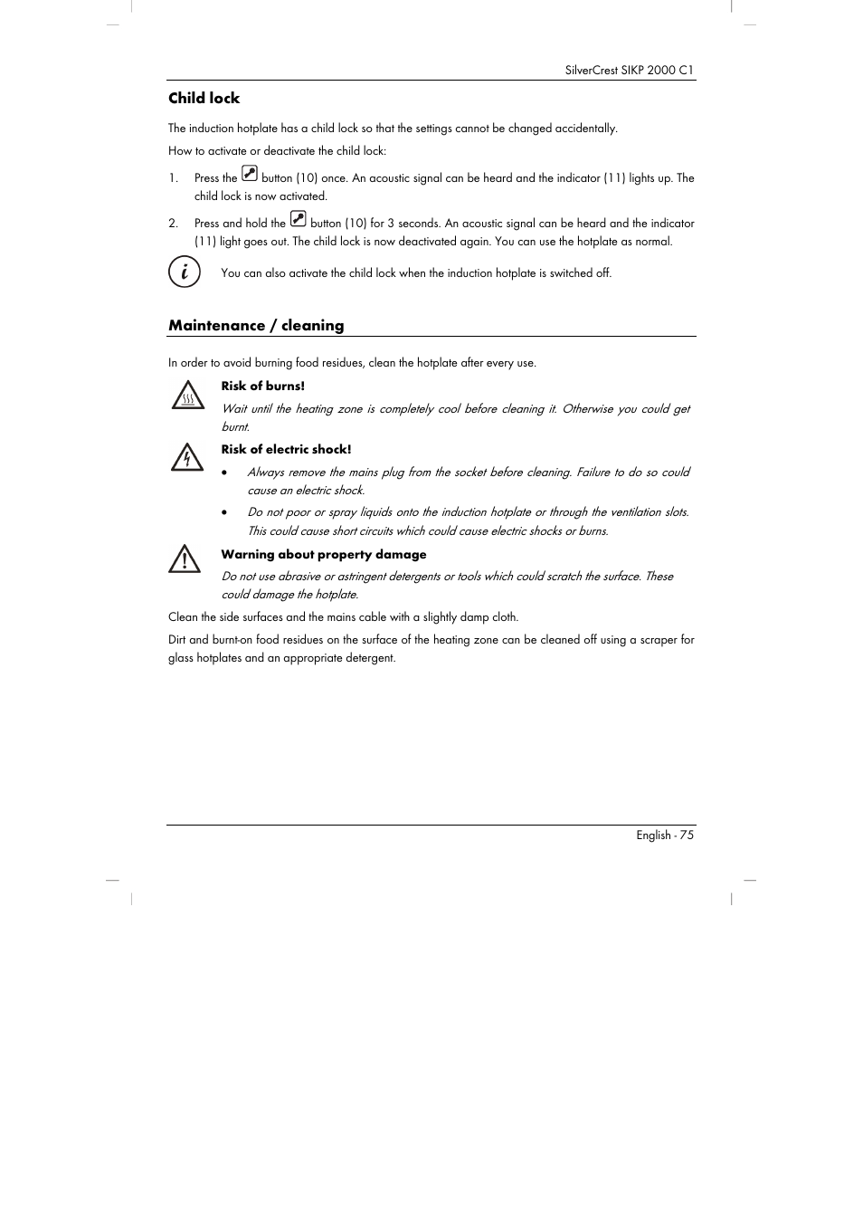 Child lock, Maintenance / cleaning | Silvercrest SIKP 2000 C1 User Manual | Page 77 / 102