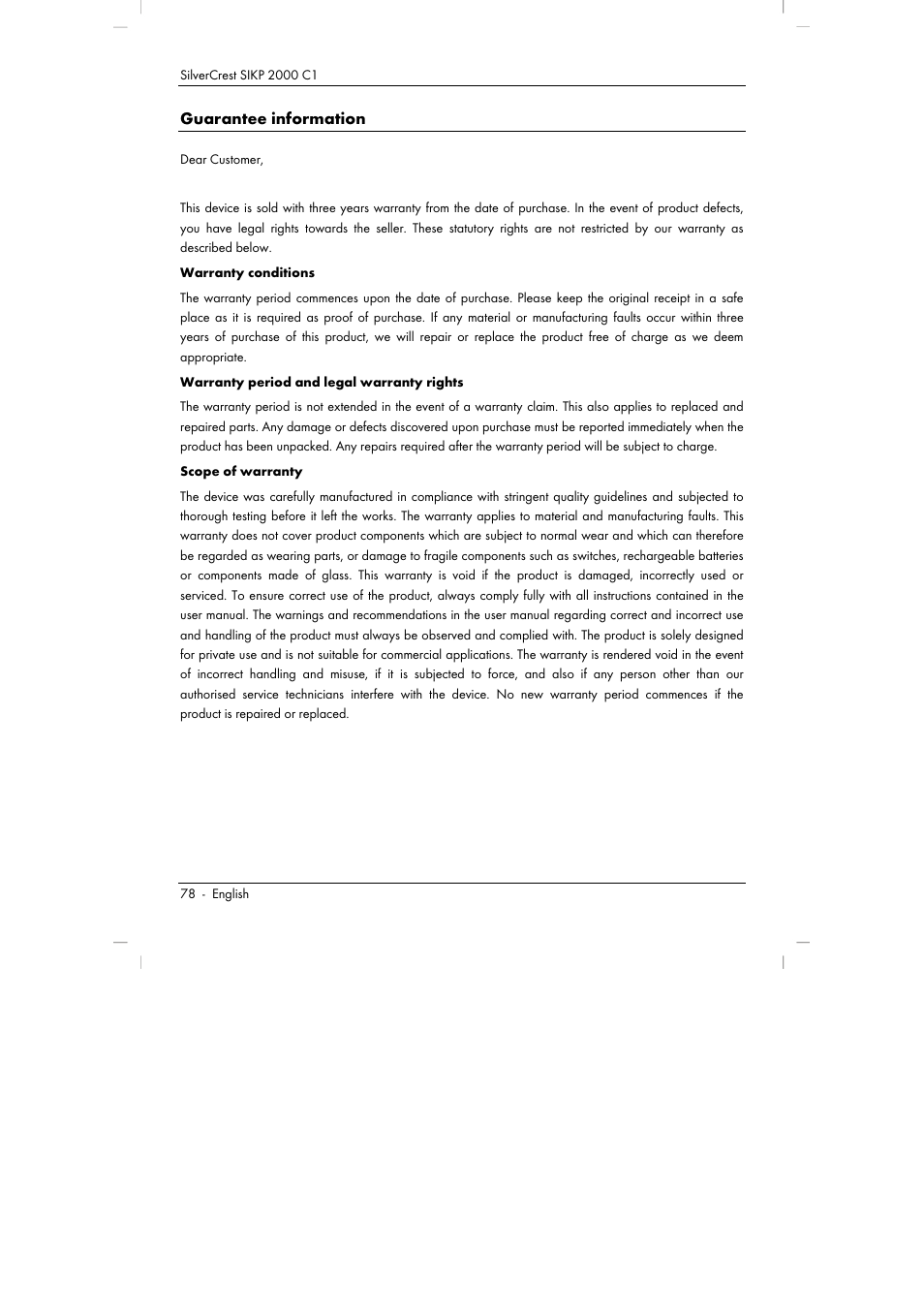 Guarantee information | Silvercrest SIKP 2000 C1 User Manual | Page 80 / 102