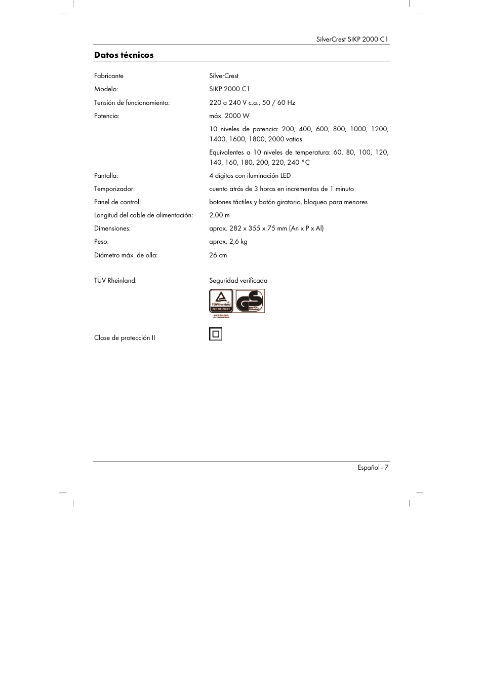 Datos técnicos | Silvercrest SIKP 2000 C1 User Manual | Page 9 / 102