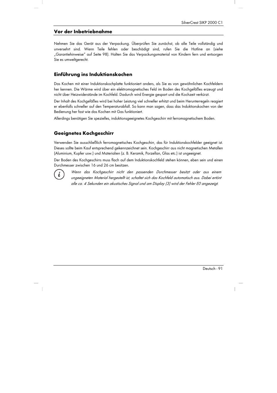 Vor der inbetriebnahme, Einführung ins induktionskochen, Geeignetes kochgeschirr | Silvercrest SIKP 2000 C1 User Manual | Page 93 / 102