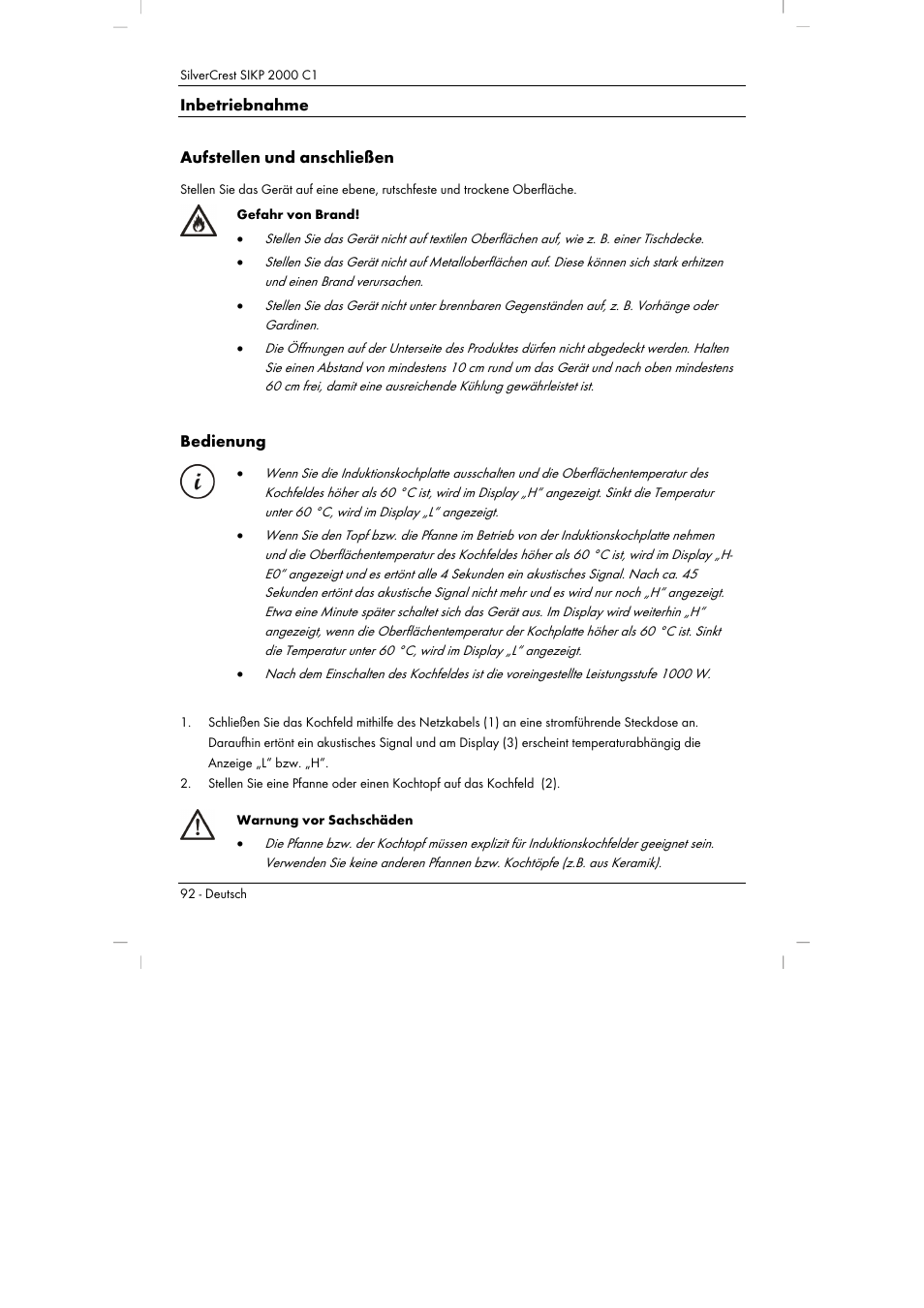 Inbetriebnahme aufstellen und anschließen, Bedienung | Silvercrest SIKP 2000 C1 User Manual | Page 94 / 102