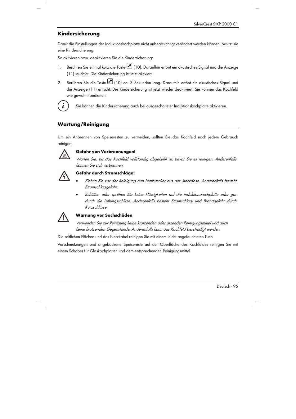 Kindersicherung, Wartung/reinigung | Silvercrest SIKP 2000 C1 User Manual | Page 97 / 102