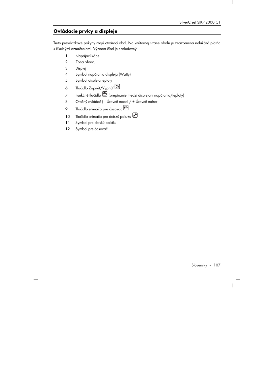 Ovládacie prvky a displeje | Silvercrest SIKP 2000 C1 User Manual | Page 109 / 144