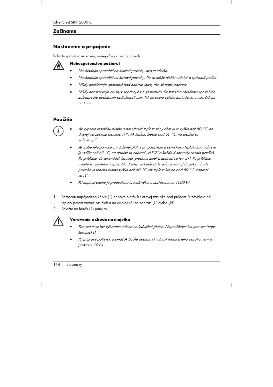 Začíname nastavenie a pripojenie, Použitie | Silvercrest SIKP 2000 C1 User Manual | Page 116 / 144