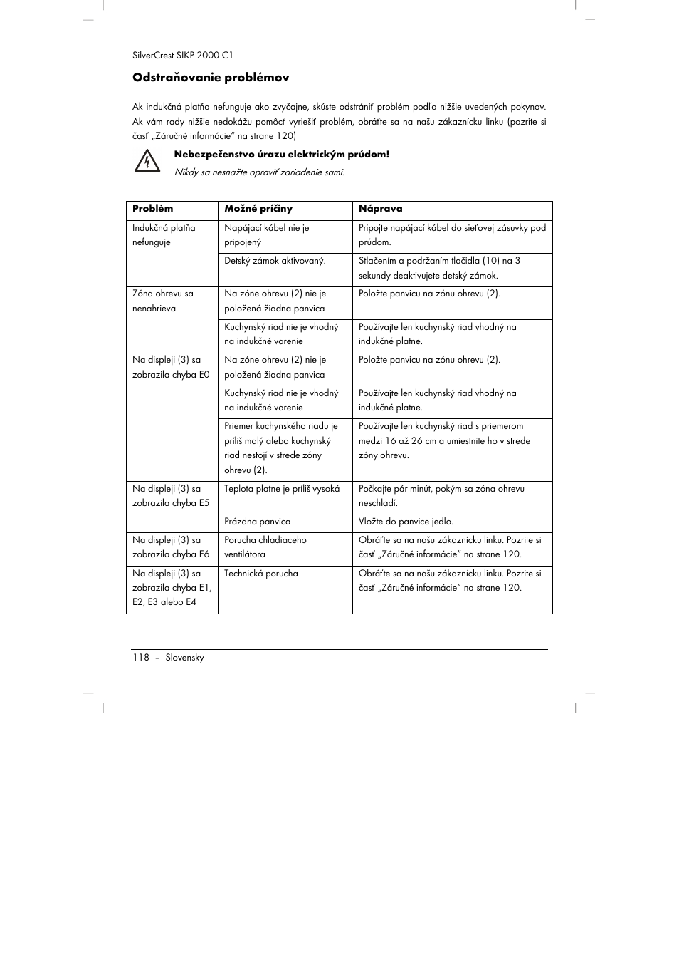 Odstraňovanie problémov | Silvercrest SIKP 2000 C1 User Manual | Page 120 / 144