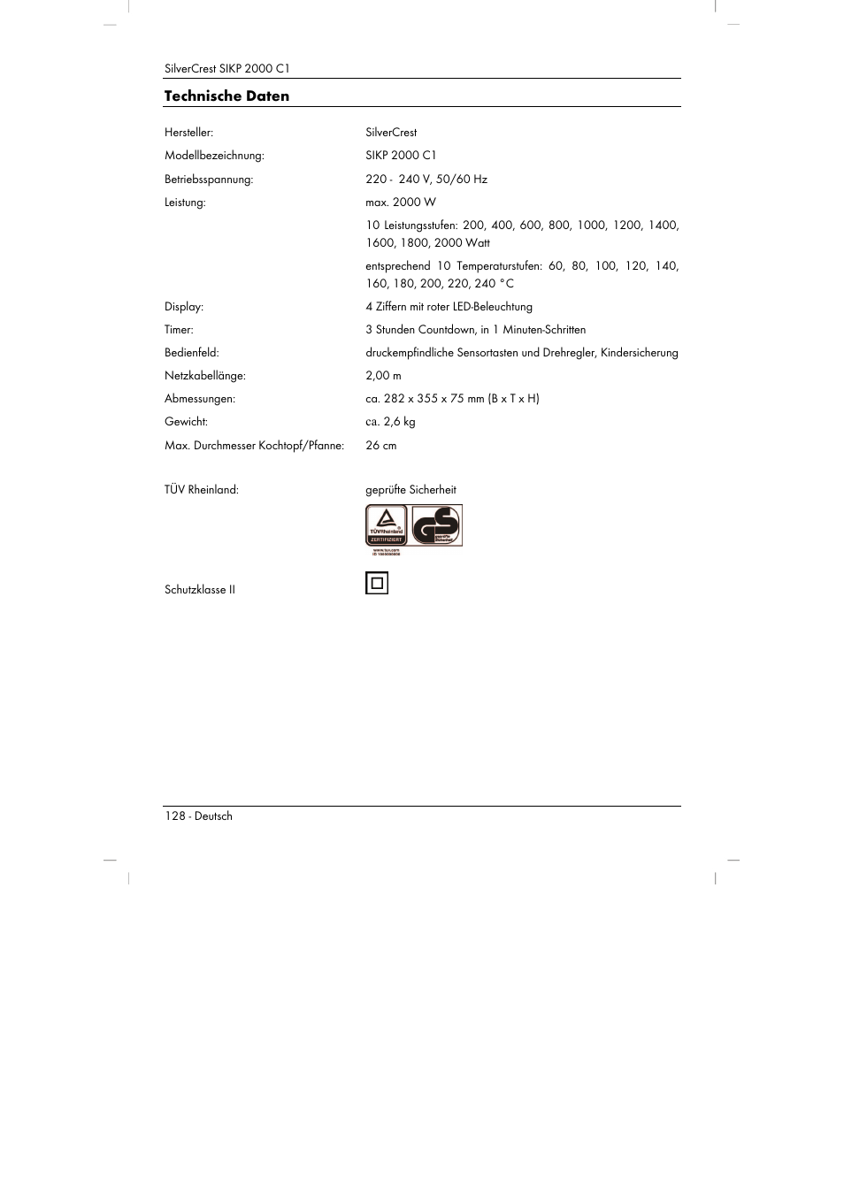 Technische daten | Silvercrest SIKP 2000 C1 User Manual | Page 130 / 144