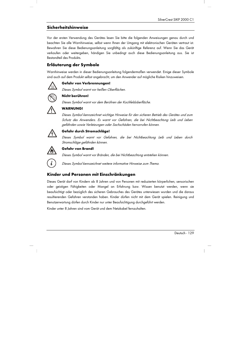 Sicherheitshinweise, Erläuterung der symbole, Kinder und personen mit einschränkungen | Silvercrest SIKP 2000 C1 User Manual | Page 131 / 144