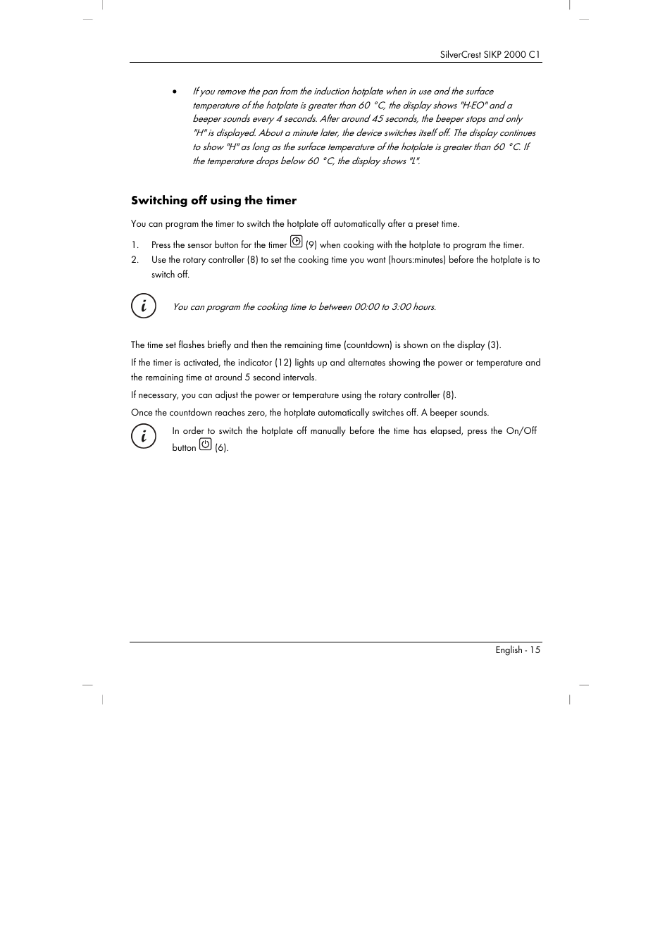 Switching off using the timer | Silvercrest SIKP 2000 C1 User Manual | Page 17 / 144