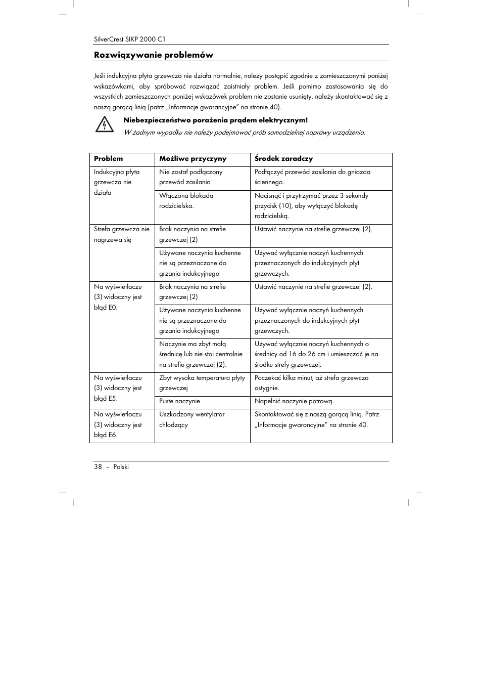 Rozwiązywanie problemów | Silvercrest SIKP 2000 C1 User Manual | Page 40 / 144