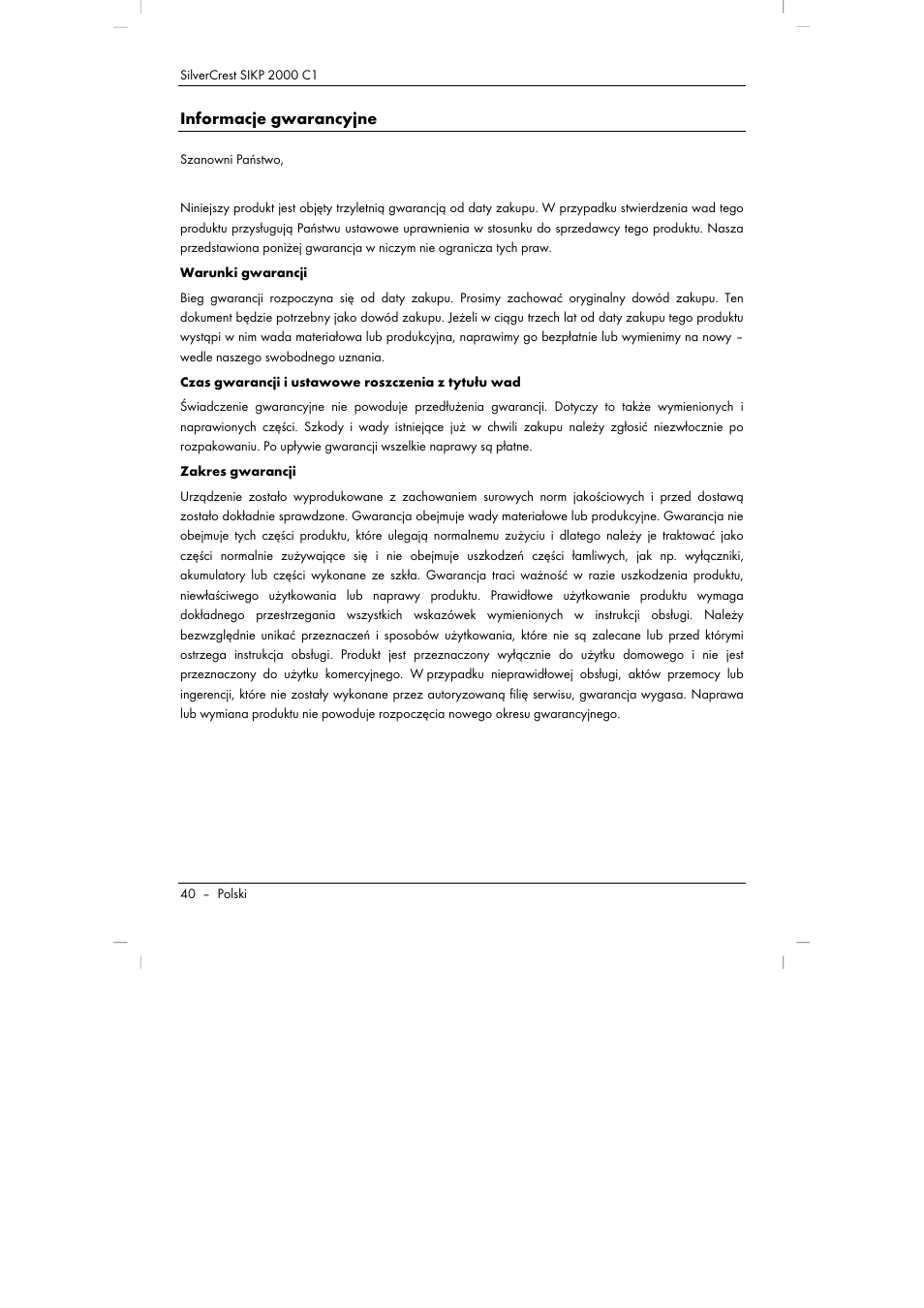 Informacje gwarancyjne | Silvercrest SIKP 2000 C1 User Manual | Page 42 / 144