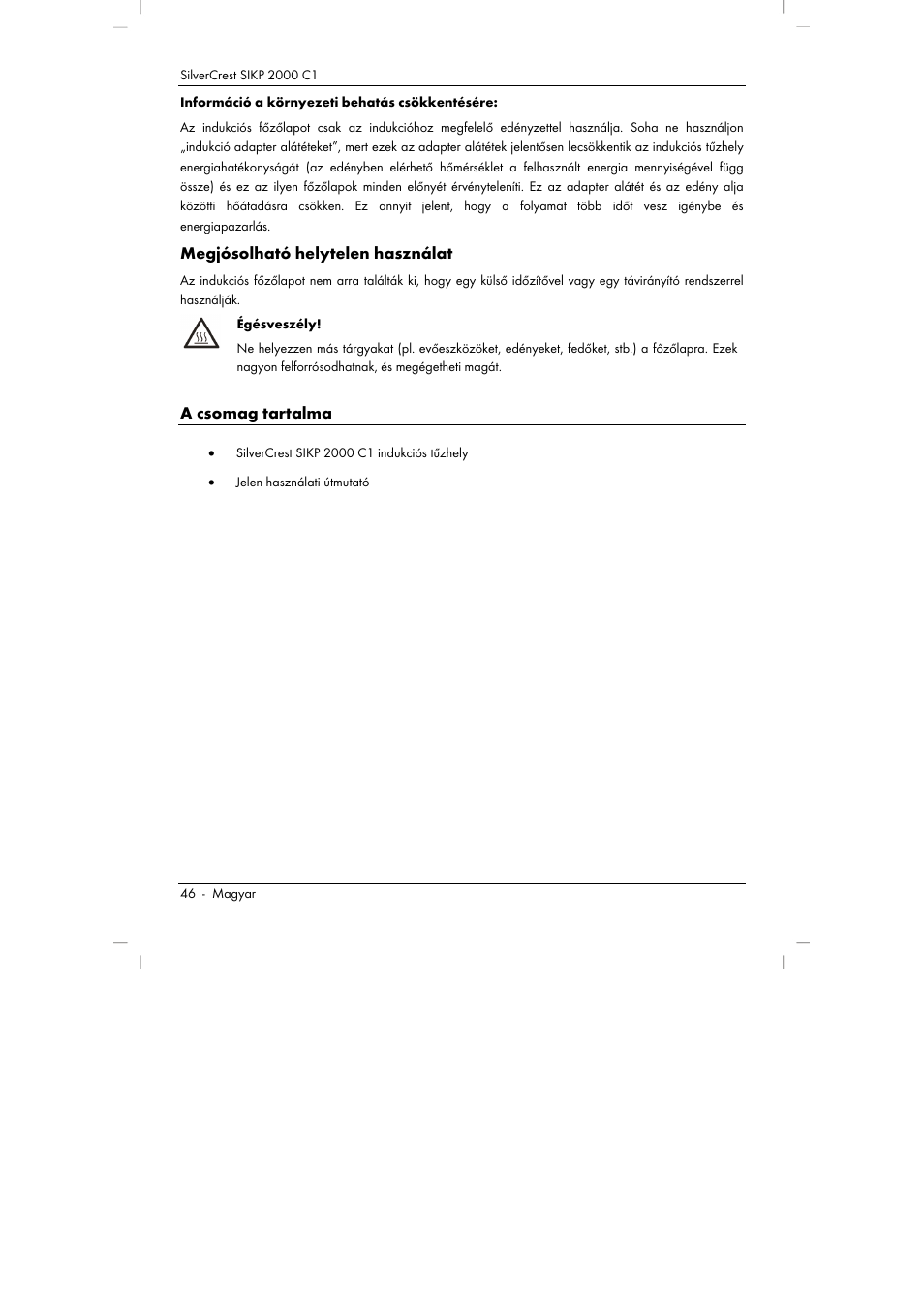 Megjósolható helytelen használat, A csomag tartalma | Silvercrest SIKP 2000 C1 User Manual | Page 48 / 144