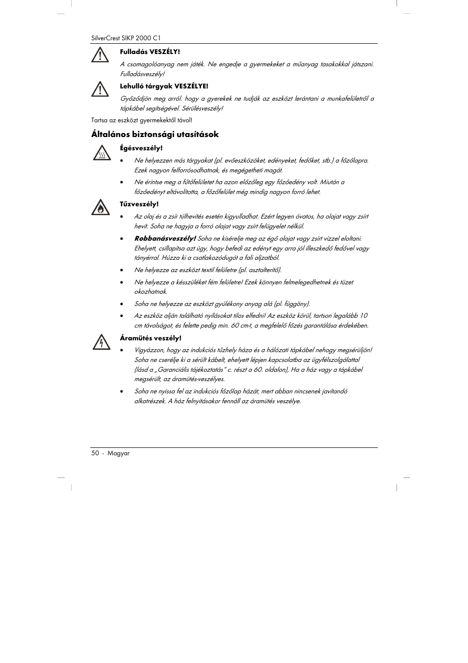 Általános biztonsági utasítások | Silvercrest SIKP 2000 C1 User Manual | Page 52 / 144