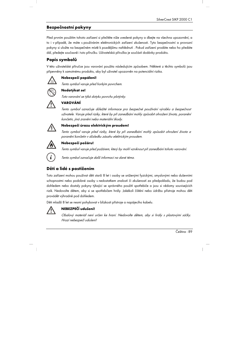 Bezpečnostní pokyny, Popis symbolů, Děti a lidé s postižením | Silvercrest SIKP 2000 C1 User Manual | Page 91 / 144