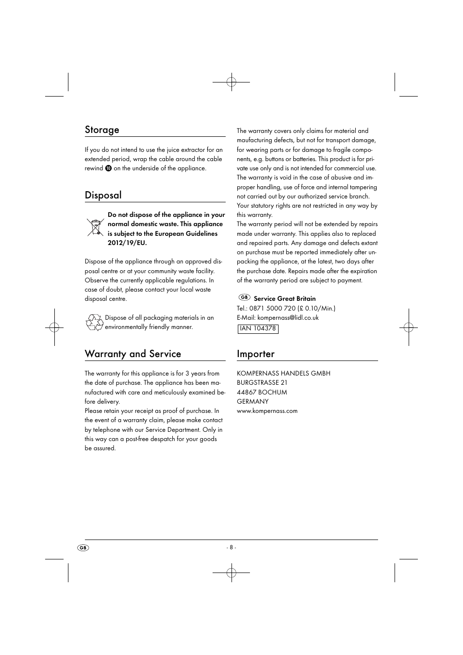 Storage, Disposal, Warranty and service | Importer | Silvercrest SFE 450 C1 User Manual | Page 11 / 88
