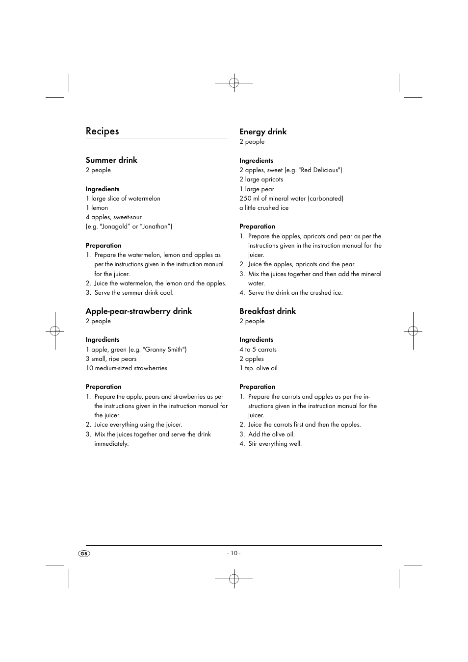 Recipes, Summer drink, Apple-pear-strawberry drink | Energy drink, Breakfast drink | Silvercrest SFE 450 C1 User Manual | Page 13 / 88