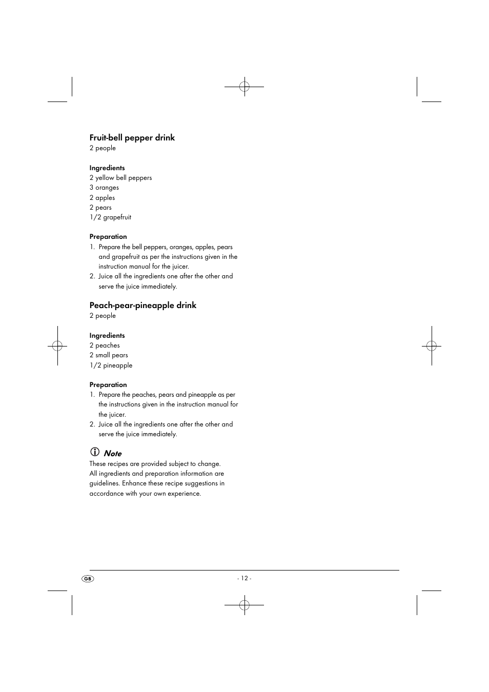 Fruit-bell pepper drink, Peach-pear-pineapple drink | Silvercrest SFE 450 C1 User Manual | Page 15 / 88