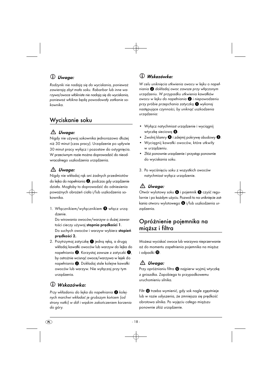 Wyciskanie soku, Opróżnienie pojemnika na miąższ i filtra | Silvercrest SFE 450 C1 User Manual | Page 21 / 88