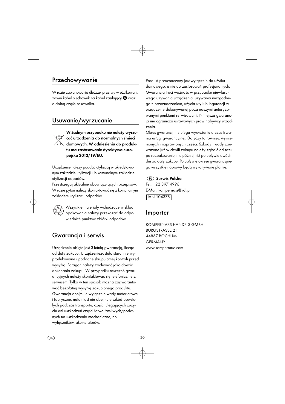 Przechowywanie, Usuwanie/wyrzucanie, Gwarancja i serwis | Importer | Silvercrest SFE 450 C1 User Manual | Page 23 / 88