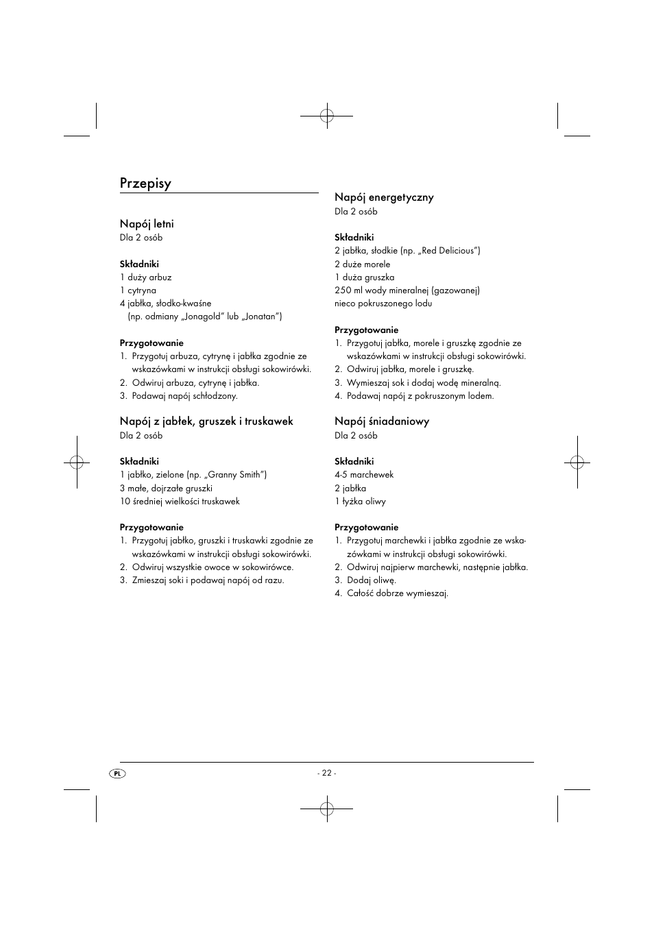 Przepisy, Napój letni, Napój z jabłek, gruszek i truskawek | Napój energetyczny, Napój śniadaniowy | Silvercrest SFE 450 C1 User Manual | Page 25 / 88