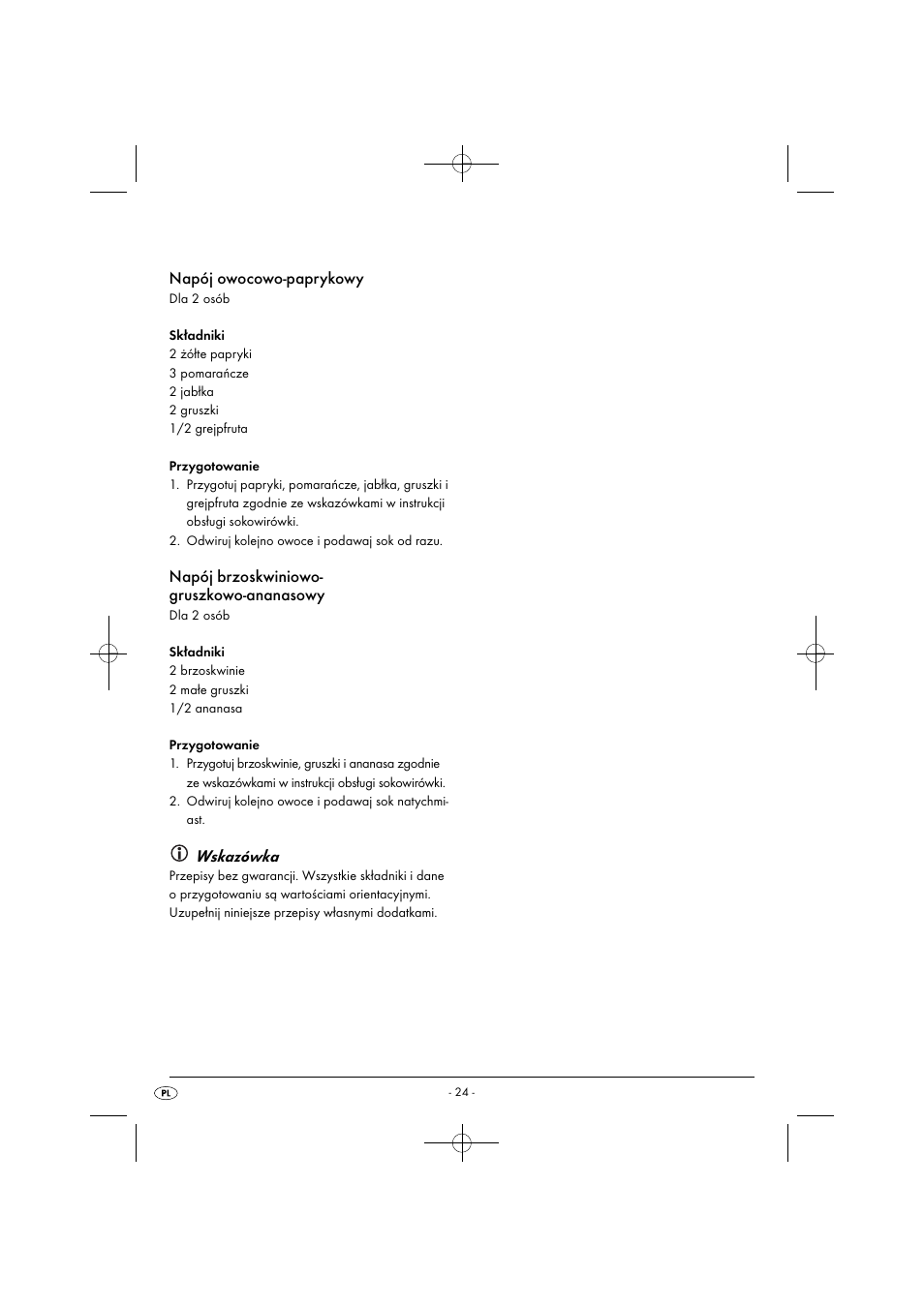 Napój owocowo-paprykowy, Napój brzoskwiniowo- gruszkowo-ananasowy, Wskazówka | Silvercrest SFE 450 C1 User Manual | Page 27 / 88