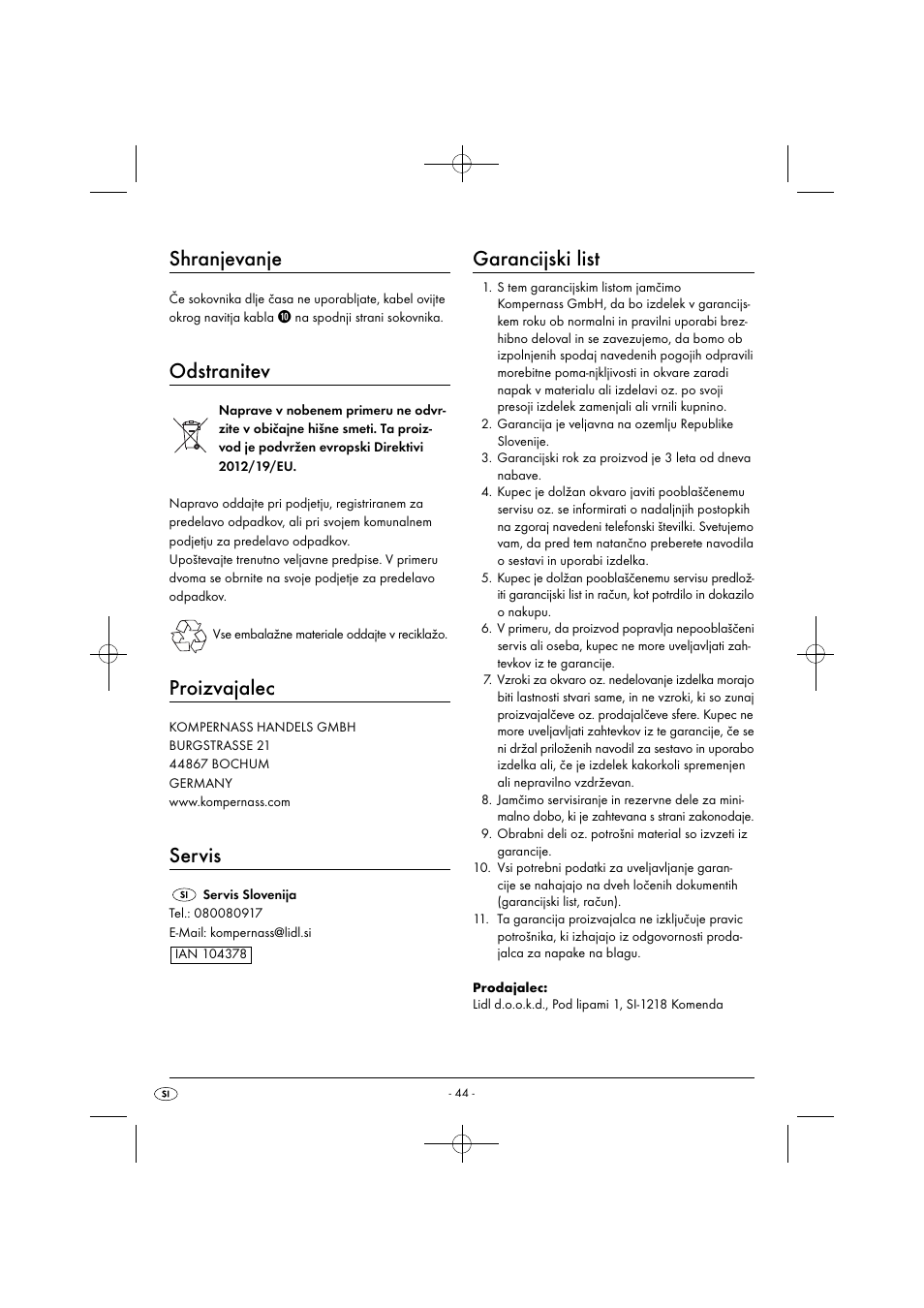 Shranjevanje, Odstranitev, Proizvajalec | Servis, Garancijski list | Silvercrest SFE 450 C1 User Manual | Page 47 / 88