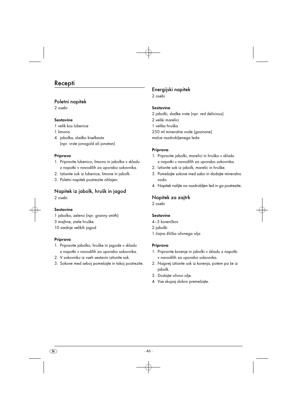 Recepti, Poletni napitek, Napitek iz jabolk, hrušk in jagod | Energijski napitek, Napitek za zajtrk | Silvercrest SFE 450 C1 User Manual | Page 49 / 88