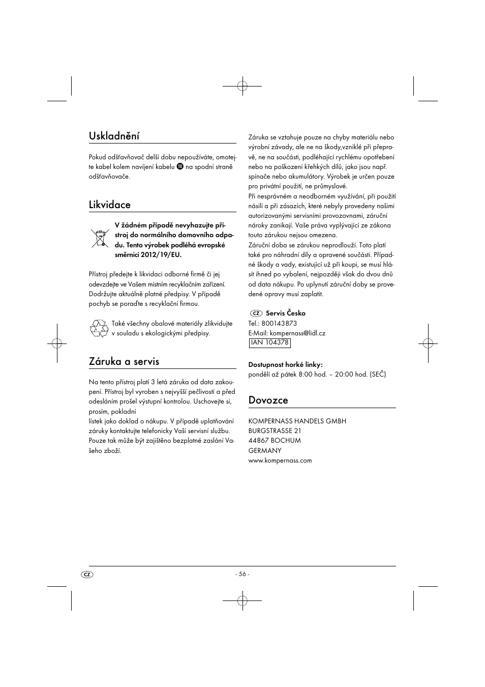 Uskladnění, Likvidace, Záruka a servis | Dovozce | Silvercrest SFE 450 C1 User Manual | Page 59 / 88