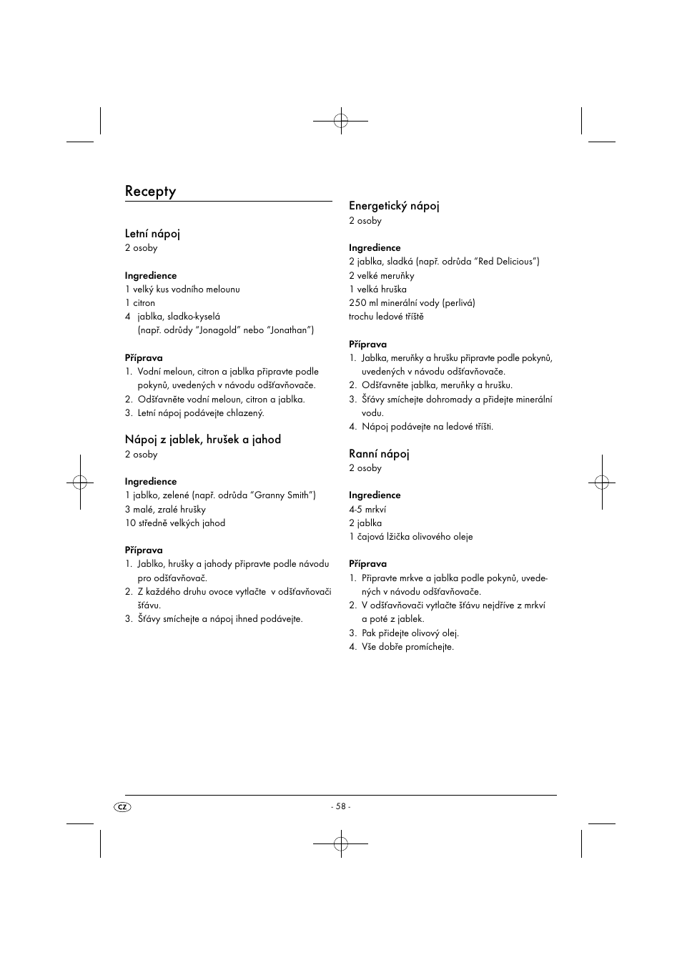 Recepty, Letní nápoj, Nápoj z jablek, hrušek a jahod | Energetický nápoj, Ranní nápoj | Silvercrest SFE 450 C1 User Manual | Page 61 / 88