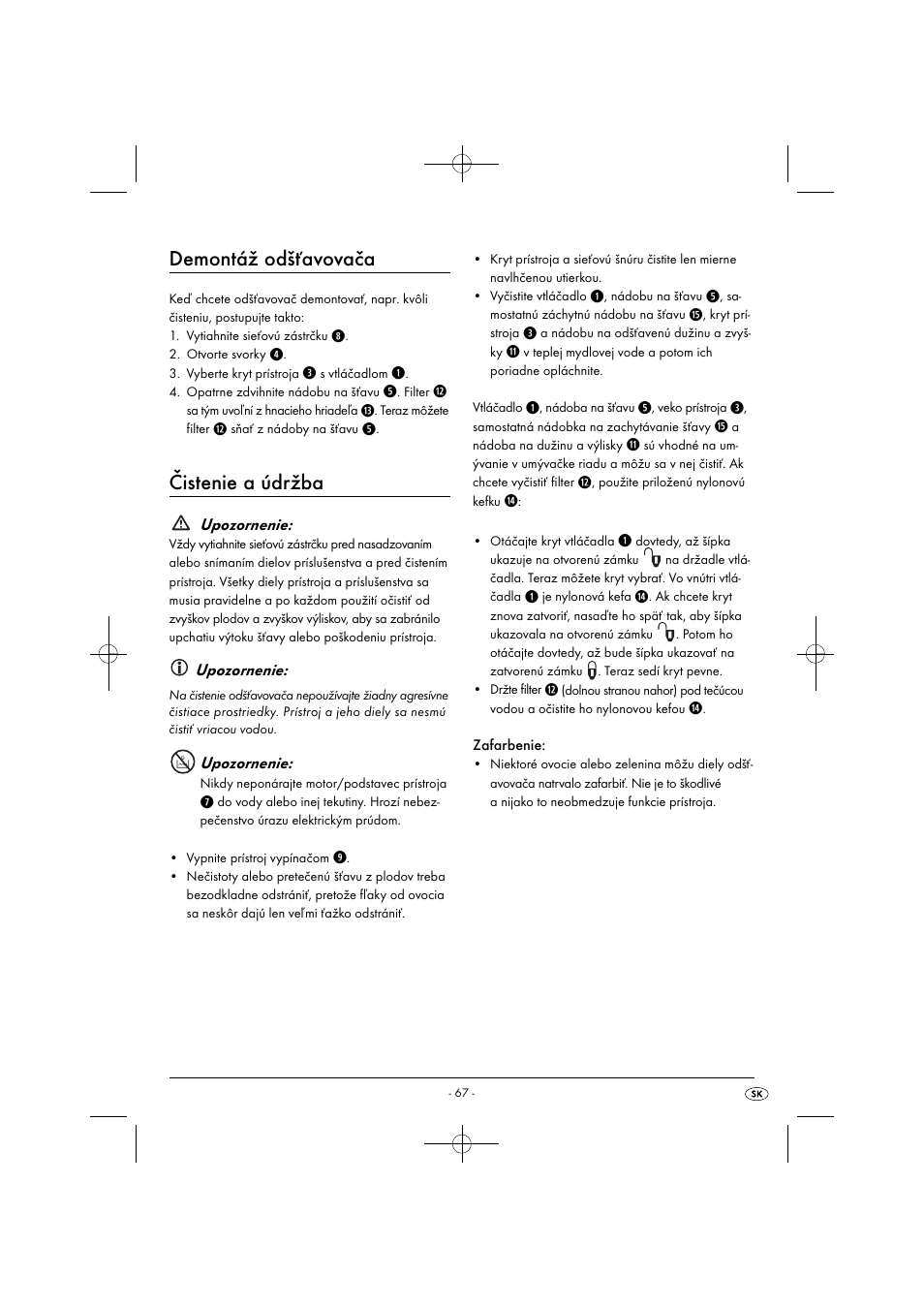 Demontáž odšťavovača, Čistenie a údržba | Silvercrest SFE 450 C1 User Manual | Page 70 / 88