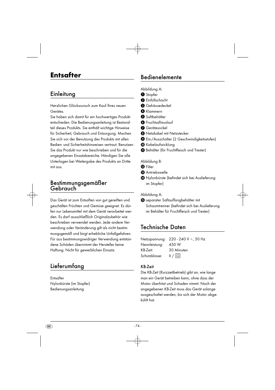 Entsafter, Einleitung, Bestimmungsgemäßer gebrauch | Lieferumfang, Bedienelemente, Technische daten | Silvercrest SFE 450 C1 User Manual | Page 77 / 88