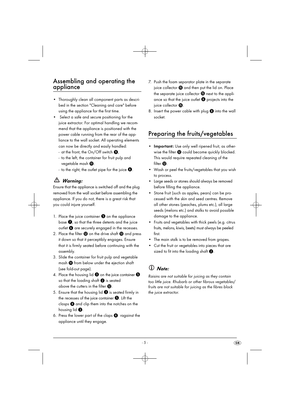 Assembling and operating the appliance, Preparing the fruits/vegetables, Warning | Silvercrest SFE 450 C1 User Manual | Page 8 / 88