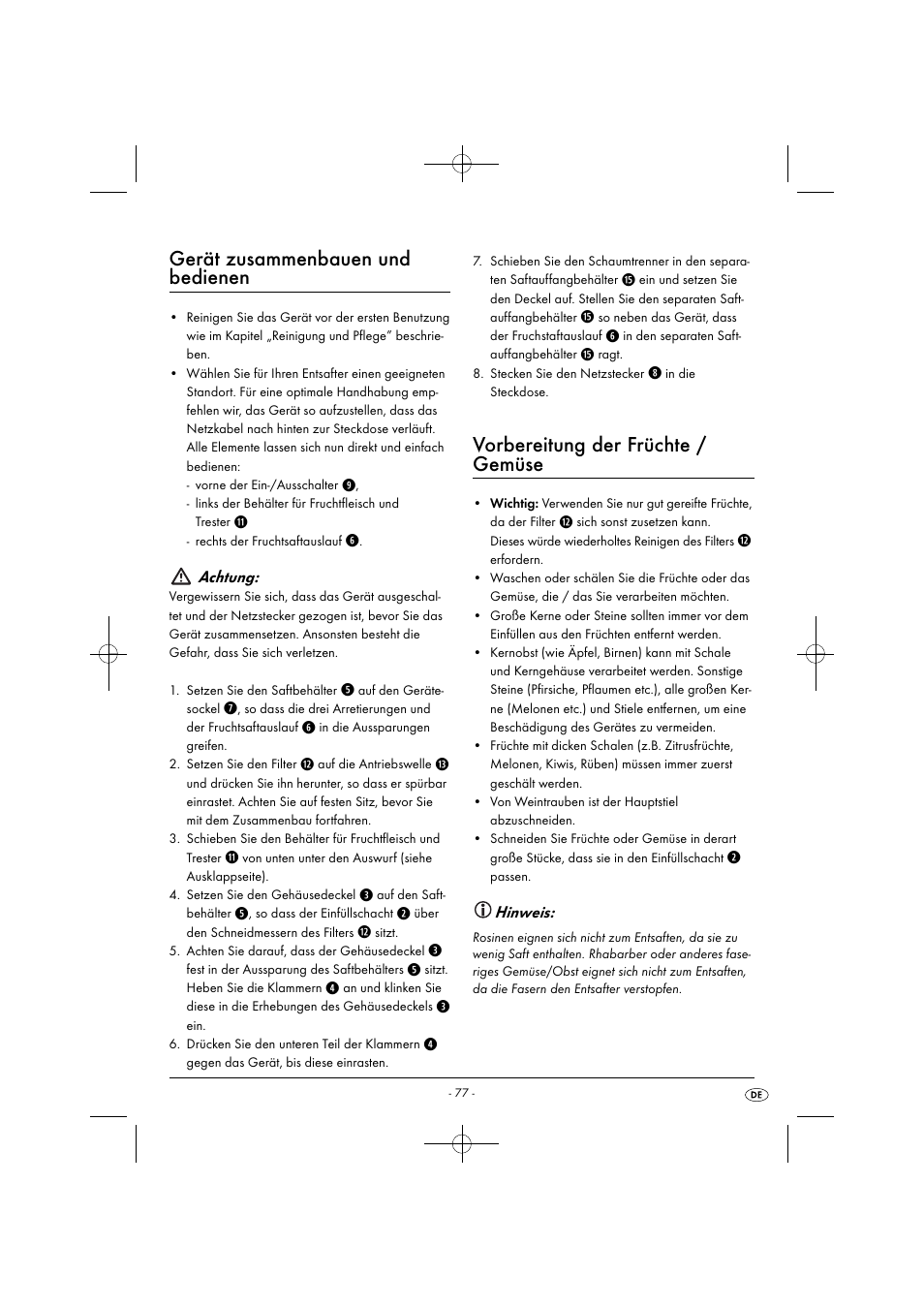 Gerät zusammenbauen und bedienen, Vorbereitung der früchte / gemüse | Silvercrest SFE 450 C1 User Manual | Page 80 / 88