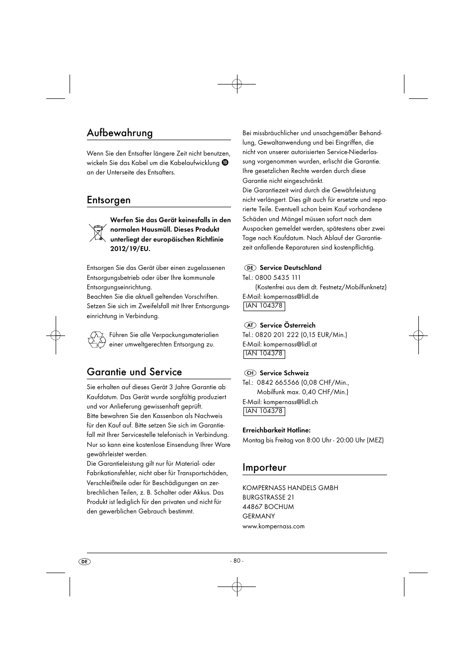 Aufbewahrung, Entsorgen, Garantie und service | Importeur | Silvercrest SFE 450 C1 User Manual | Page 83 / 88