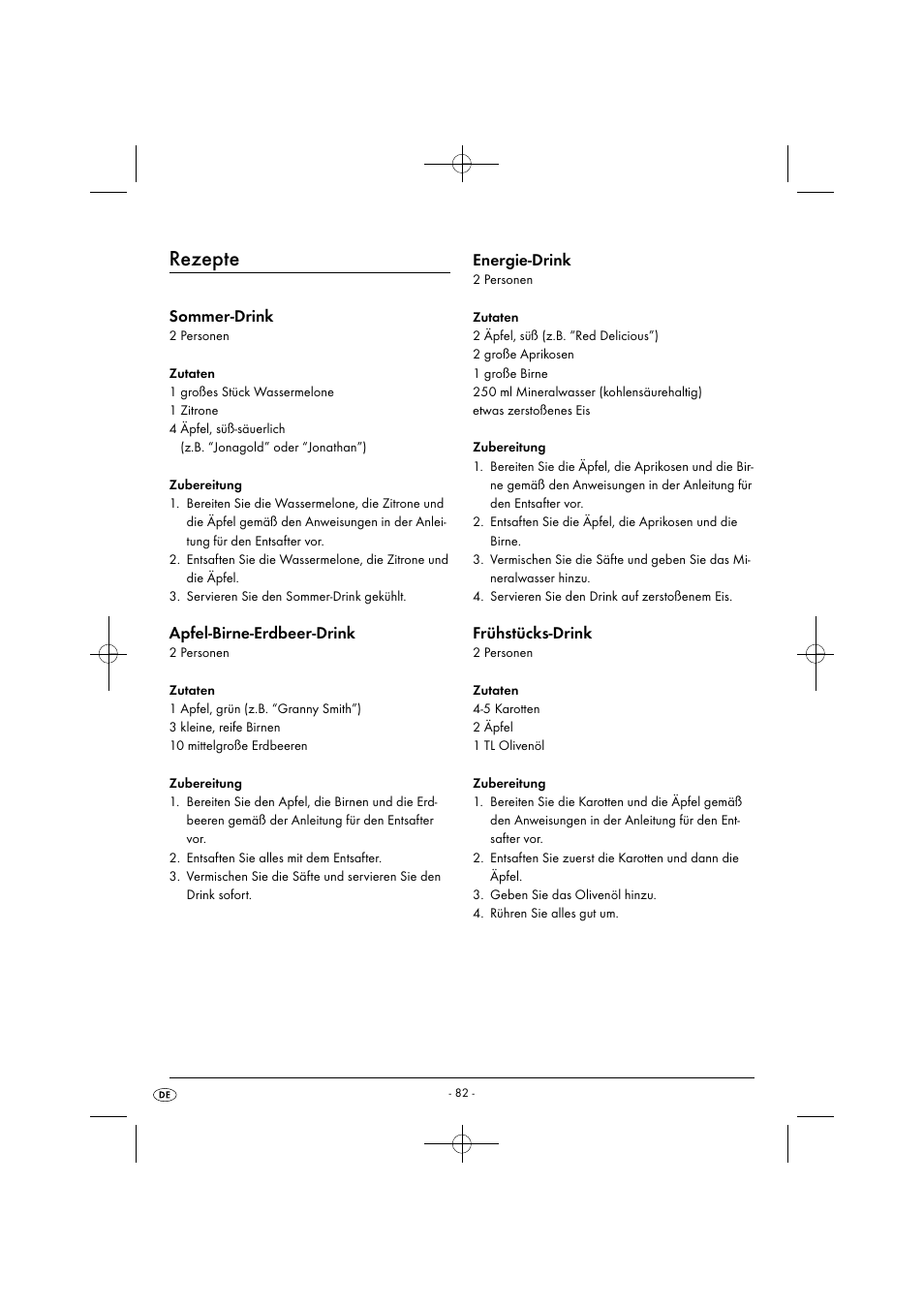 Rezepte, Sommer-drink, Apfel-birne-erdbeer-drink | Energie-drink, Frühstücks-drink | Silvercrest SFE 450 C1 User Manual | Page 85 / 88