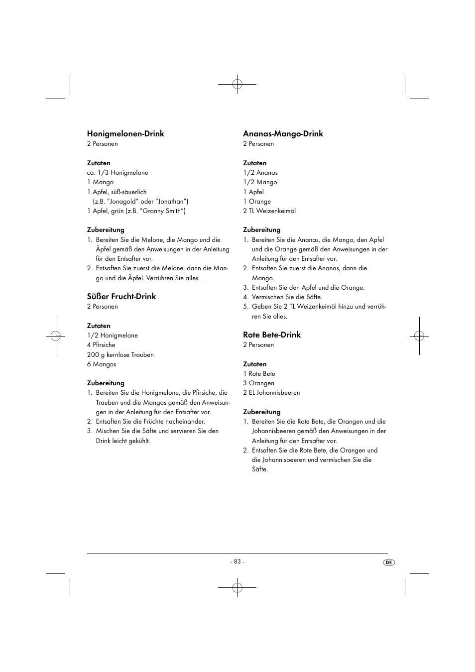 Honigmelonen-drink, Süßer frucht-drink, Ananas-mango-drink | Rote bete-drink | Silvercrest SFE 450 C1 User Manual | Page 86 / 88