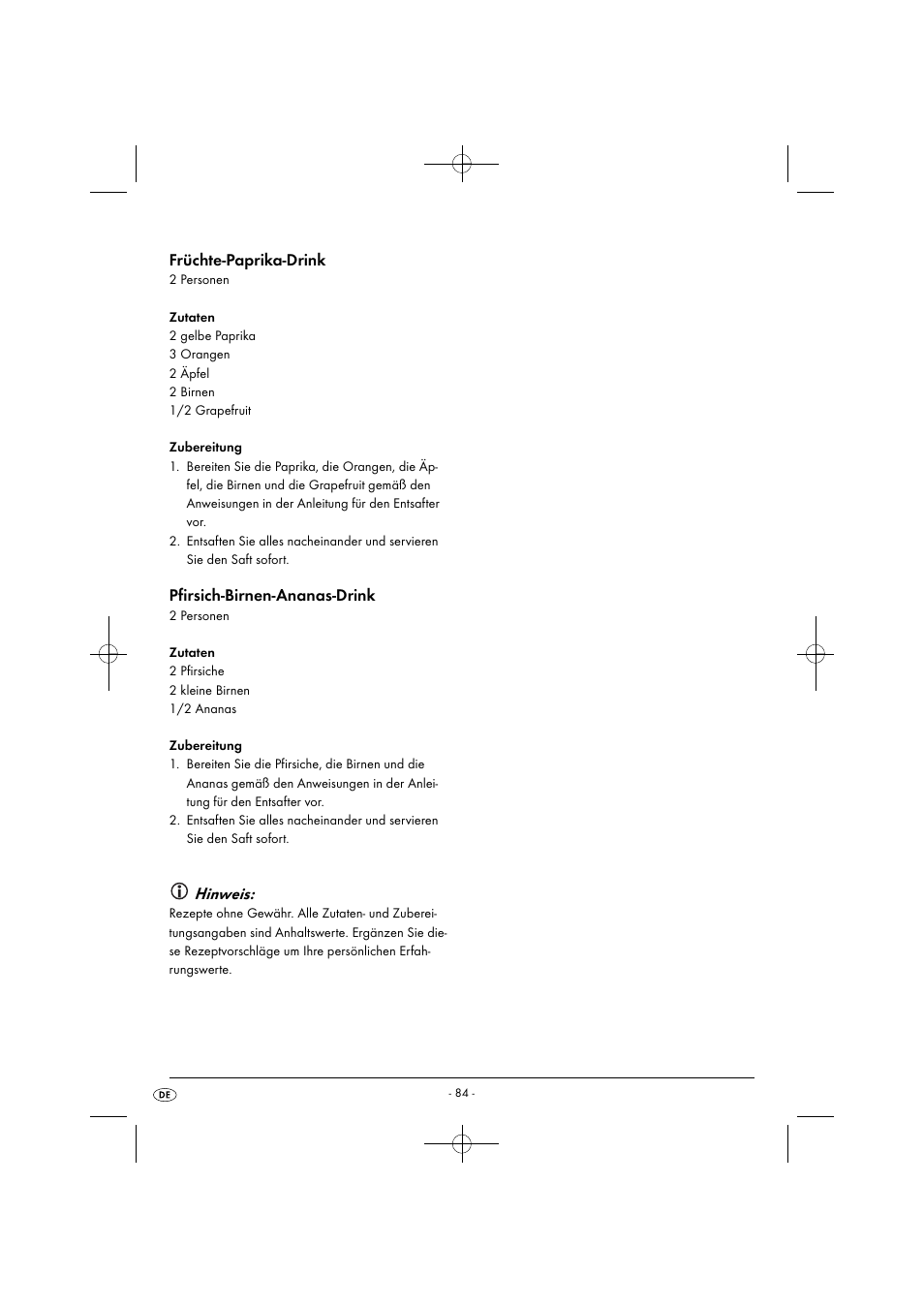 Früchte-paprika-drink, Pfirsich-birnen-ananas-drink, Hinweis | Silvercrest SFE 450 C1 User Manual | Page 87 / 88
