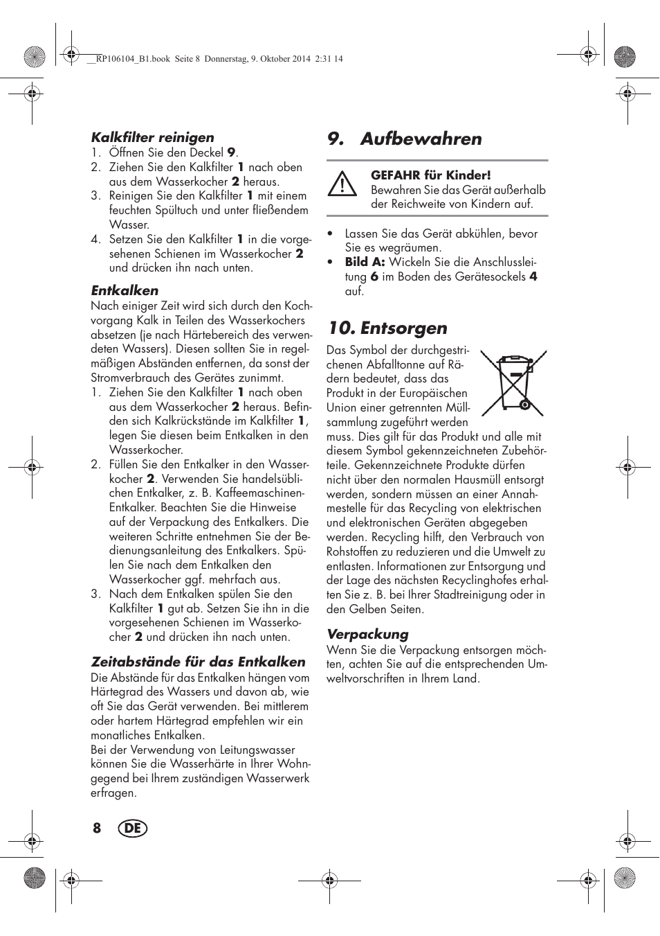 Aufbewahren, Entsorgen | Silvercrest SWKS 2200 B1 User Manual | Page 10 / 46