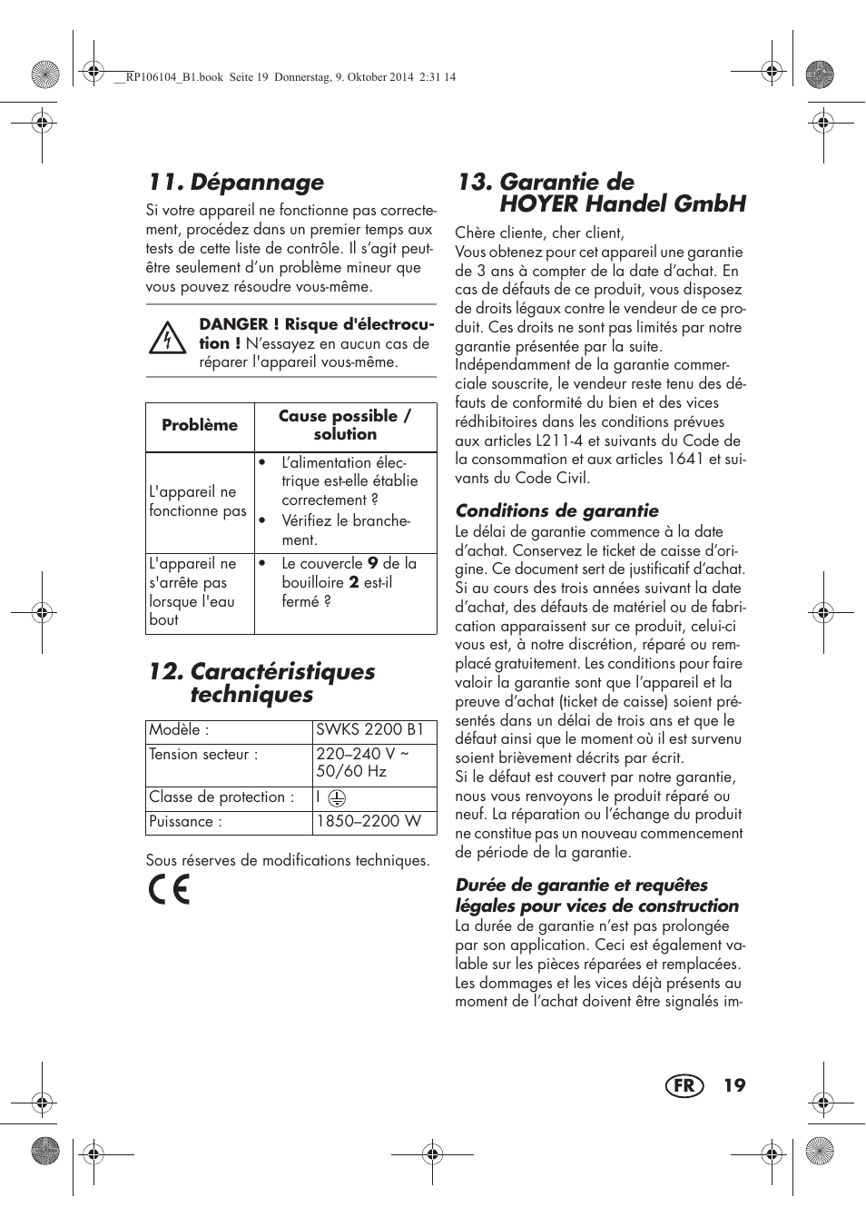 Dépannage, Caractéristiques techniques, Garantie de hoyer handel gmbh | Silvercrest SWKS 2200 B1 User Manual | Page 21 / 46