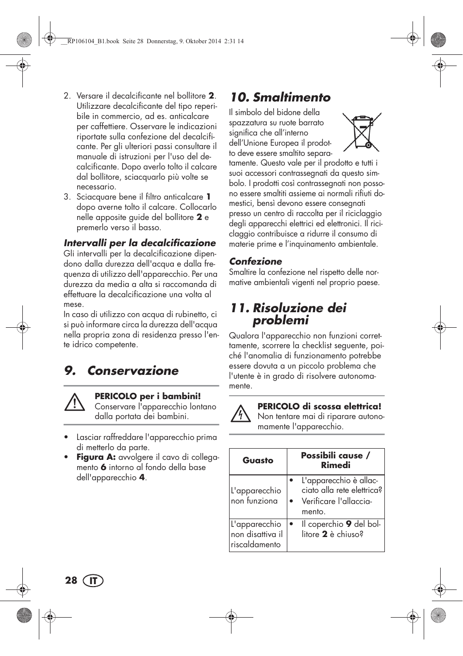 Conservazione, Smaltimento, Risoluzione dei problemi | Silvercrest SWKS 2200 B1 User Manual | Page 30 / 46