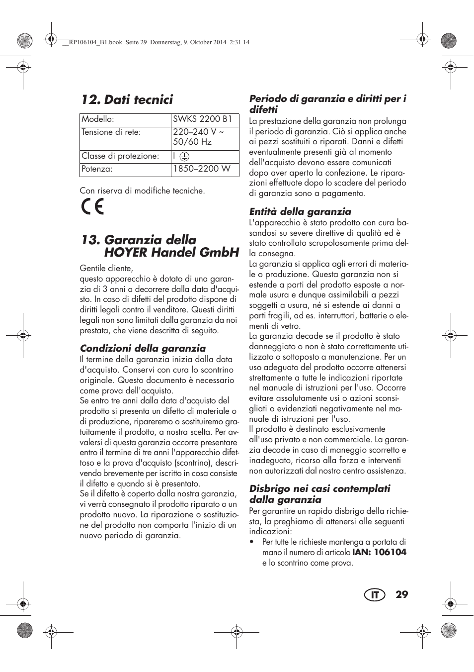 Dati tecnici, Garanzia della hoyer handel gmbh | Silvercrest SWKS 2200 B1 User Manual | Page 31 / 46