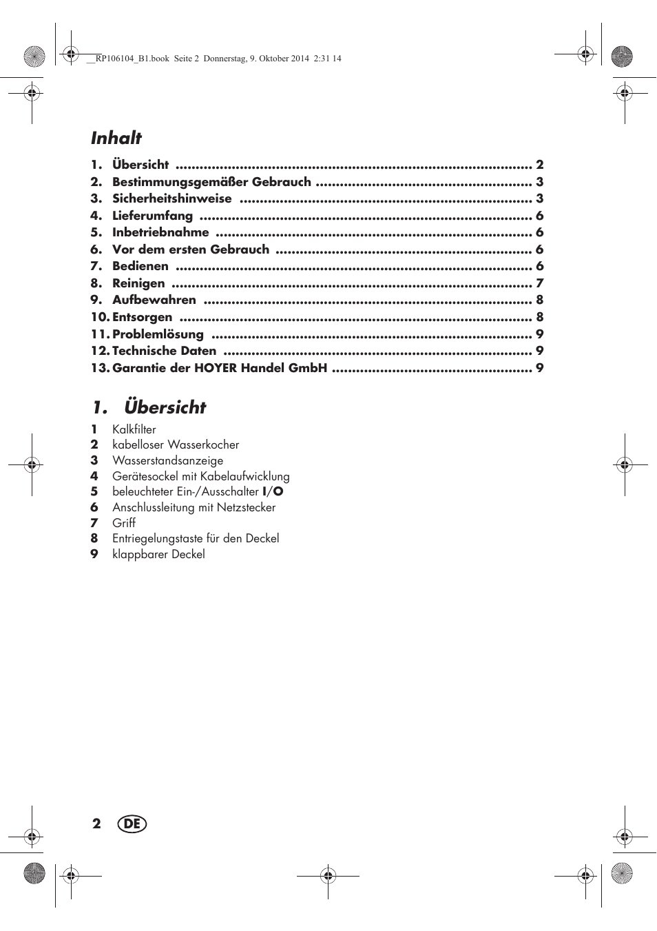 Inhalt, Übersicht | Silvercrest SWKS 2200 B1 User Manual | Page 4 / 46