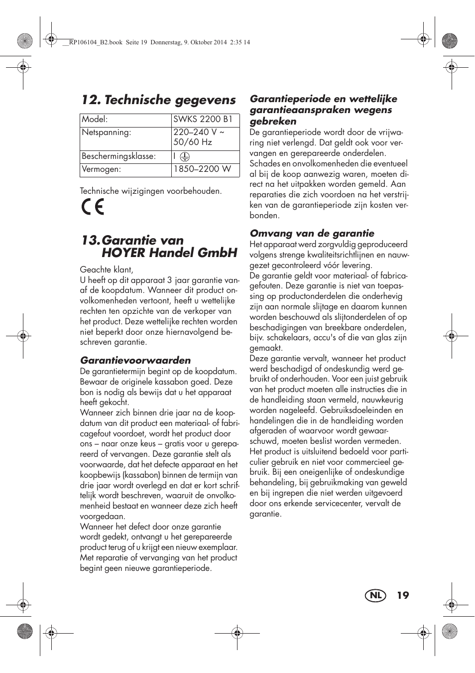 Technische gegevens, Garantie van hoyerhandel gmbh | Silvercrest SWKS 2200 B1 User Manual | Page 21 / 46