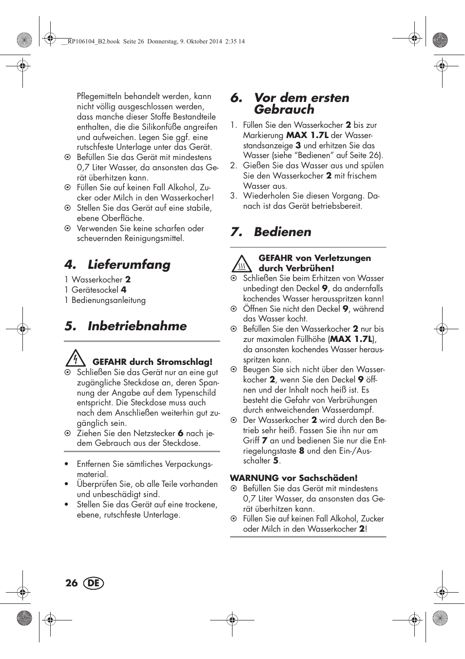 Lieferumfang, Inbetriebnahme, Vor dem ersten gebrauch | Bedienen | Silvercrest SWKS 2200 B1 User Manual | Page 28 / 46