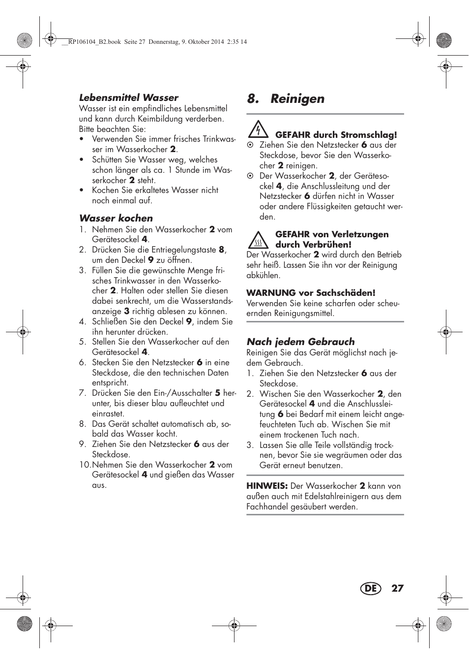 Reinigen | Silvercrest SWKS 2200 B1 User Manual | Page 29 / 46