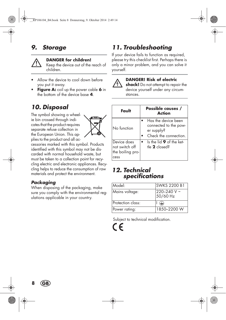 Storage, Disposal, Troubleshooting | Technical specifications | Silvercrest SWKS 2200 B1 User Manual | Page 10 / 70