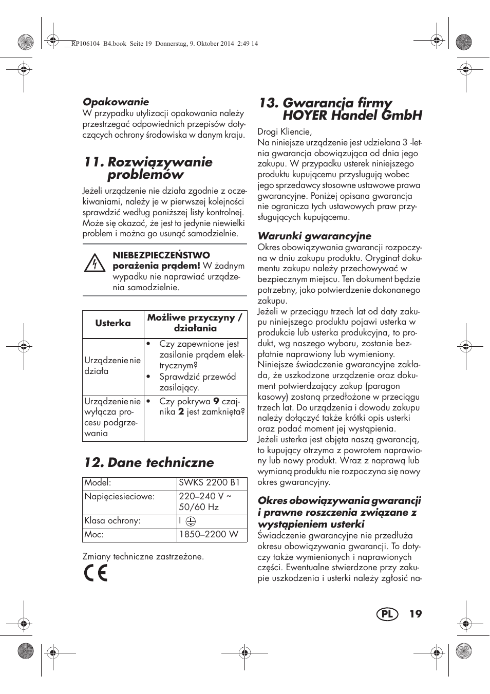 Rozwizywanie problemów, Dane techniczne, Gwarancja firmy hoyer handel gmbh | Silvercrest SWKS 2200 B1 User Manual | Page 21 / 70