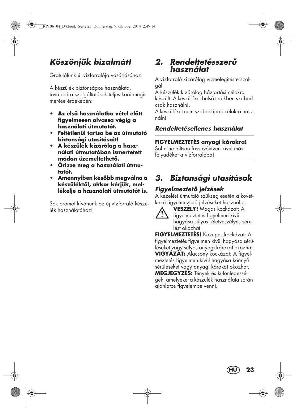 Köszönjük bizalmát, Rendeltetésszer használat, Biztonsági utasítások | Silvercrest SWKS 2200 B1 User Manual | Page 25 / 70